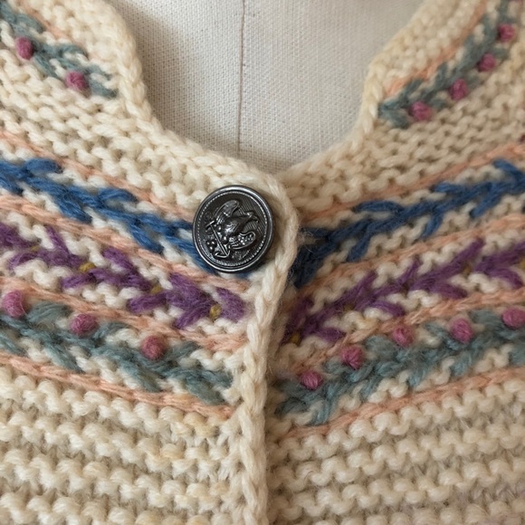 Vtg Hand Knit Embroidered 100% Pure Wool Pastel Rosebud Ivory Cardigan Sweater - Picture 5 of 16